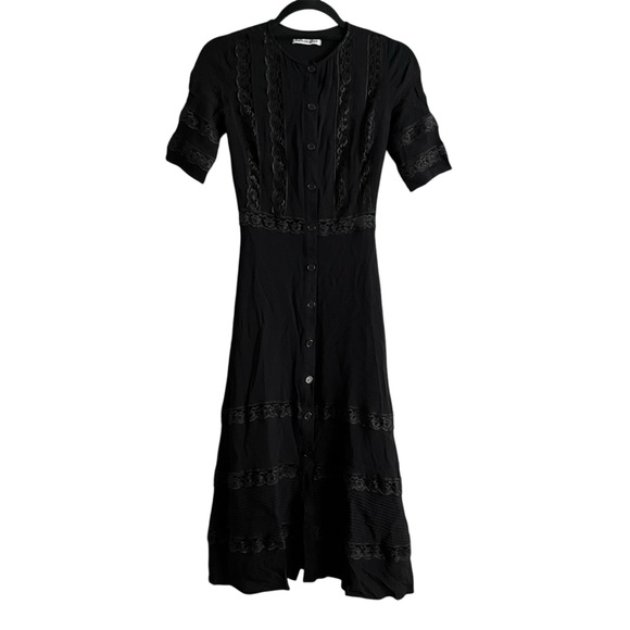 Reformation Woodson Dress Black Sz 0 Lace Insets Semi-Sheer Puff Sleeves Ruffle - Picture 2 of 13